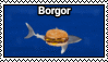 a stamp of a shark circling a burger with the words borgor